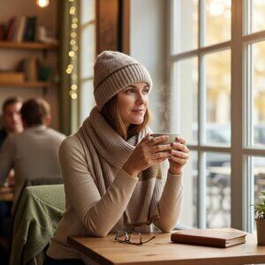 Cozy Knit Beanie with Attached Scarf – One Size –  Beige